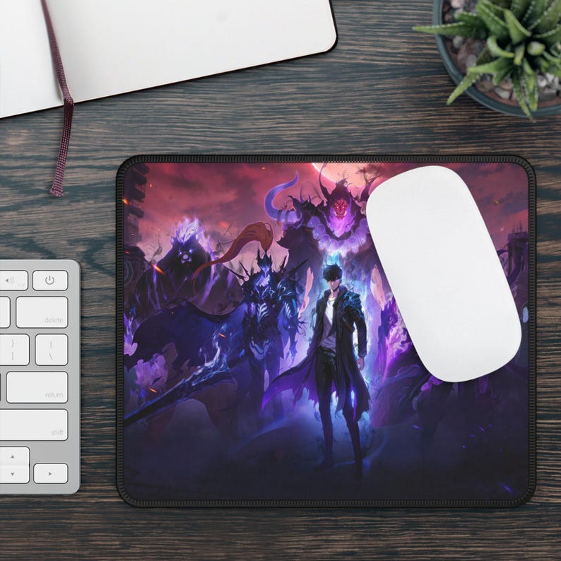 May include: A rectangular mouse pad featuring a vibrant digital illustration of a central male figure in a dark coat surrounded by shadowy, glowing purple and blue armored warriors against a dramatic, dark red and purple atmospheric background.