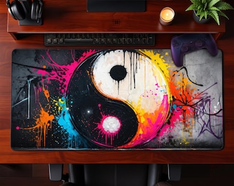 Alfombrilla de escritorio con grafiti vibrante Yin Yang, salpicaduras de pintura neón, arte urbano abstracto, alfombrilla de ratón para juegos, oficina y espacio de trabajo. Regalo ideal.