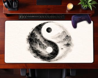 Serene Yin Yang Landscape Desk Mat Sumi-e Ink Wash Art Mouse Pad Extended Gaming Office Workspace Gift Idea