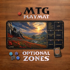 May include: A rectangular black playmat featuring a fantasy landscape with a knight sitting in a field of red flowers at sunset. The mat includes labelled zones for Battlefield, Lands, Life, Command Zone, Exile, Library, and Graveyard, plus turn steps.