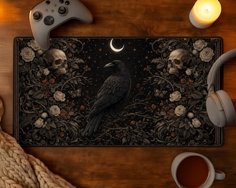 Raven Tapestry Desk Mat Skull Gothic Crow Desk Pad Dark Academia Desk Decor Floral Crescent Moon Mousepad Witchcore Aesthetic Gaming Setup