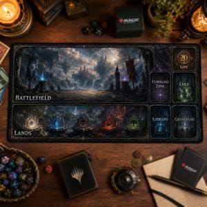 May include: A rectangular Magic: The Gathering playmat featuring a dark fantasy landscape with a battlefield, lands, and designated zones for life, command zone, exile, library, and graveyard. The mat displays intricate artwork of floating castles.