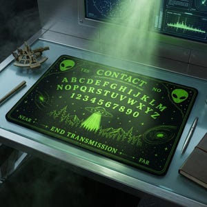 May include: A rectangular black desk mat featuring a glowing green extraterrestrial communication board design. It displays the alphabet, numbers 0-9, alien faces, a UFO, galaxies, and the text CONTACT, YES, NO, NEAR, END TRANSMISSION, and FAR.