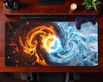 Alfombrilla de escritorio para juegos Dynamic Fire Ice Swirl, alfombrilla de ratón Elemental Clash, alfombrilla de ratón extendida, regalo estético para el espacio de trabajo