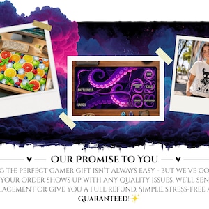 May include: A collage featuring a rectangular desk mat with a vibrant citrus fruit and ice cube pattern, a dark purple gaming playmat with octopus tentacles and game zone labels, and a white t-shirt with a black graphic of a horned creature.