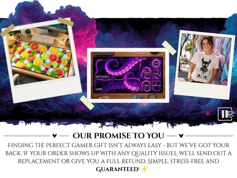 May include: A collage featuring a rectangular desk mat with a vibrant citrus fruit and ice cube pattern, a dark purple gaming playmat with octopus tentacles and game zone labels, and a white t-shirt with a black graphic of a horned creature.