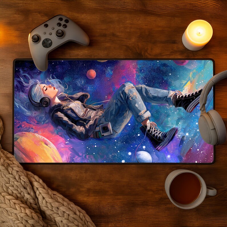 May include: A rectangular mousepad featuring a vibrant illustration of a person floating in a galaxy, wearing headphones and boots. A gray game controller, a lit candle, and a cup of tea are on a wooden surface.