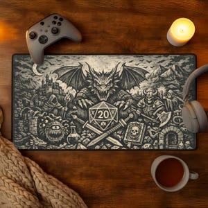 May include: A black and white gaming mousepad featuring a detailed fantasy illustration of a dragon, castle, and various fantasy creatures. A D20 die is prominently displayed. A gray game controller, headphones, and a cup of coffee are also visible.
