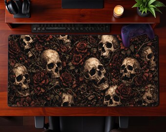 Podkładka pod mysz w stylu gotyckiej podstawki na biurko z motywem ciemnych kwiatów, czaszek i czerwonych róż, akademia, rozszerzona, do biura, do gier, jako prezent