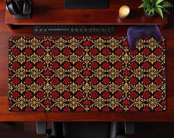 Alfombrilla de escritorio Royal Red Rose Gold con flor de lis, alfombrilla de ratón extendida con diseño floral ornamentado, elegante alfombrilla de ratón vintage para juegos, regalo de lujo para el espacio de trabajo de la oficina.