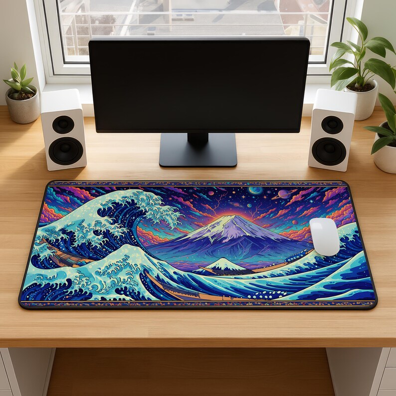 May include: A large rectangular desk mat featuring a vibrant illustration of a Japanese wave and mountain scene in shades of blue, purple, and orange. A white computer mouse rests on the mat, with a black monitor and white speakers in the background.
