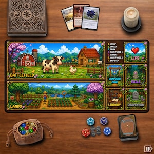 May include: A rectangular gaming playmat featuring pixel art of a farm scene with a cow, chicken, and garden. The mat includes labeled zones for Battlefield, Lands, Command Zone, Exile, Library, and Graveyard, plus a turn sequence list.