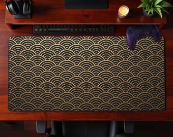 Podkładka pod mysz Seigaiha w kolorze złotym i czarnym, elegancka, japońska, rozszerzona, estetyczna dekoracja biura, prezent