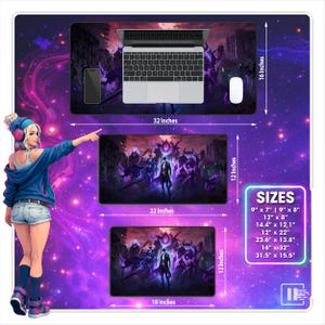 May include: A rectangular desk mat featuring a dark fantasy illustration of a central figure surrounded by shadowy monsters. The mat is shown in three sizes with dimensions of 16 by 32 inches, 12 by 22 inches, and 12 by 18 inches clearly labeled.