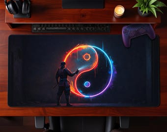 Modern Samurai Neon Yin Yang Desk Mat Graffiti Spray Paint Extended Mousepad Gaming Office Workspace Setup Gift Idea