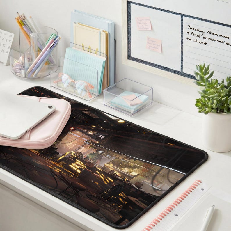 May include: A black rectangular desk mat with a detailed cityscape design. The mat is surrounded by office supplies, including pens, pencils, notebooks, and a tablet. A whiteboard with notes and a small potted plant are also visible.