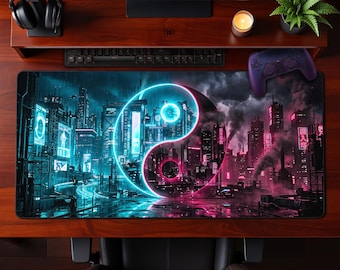 Rainy Cyberpunk Yin Yang City Desk Mat Extended Mouse Pad Neon Glow Gaming Workspace