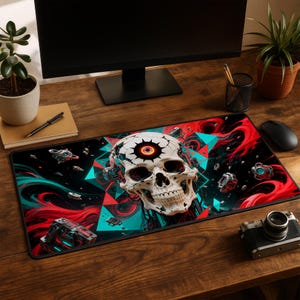 Podkładka pod mysz do gier Cybernetic Skull z motywem oka science fiction, rozszerzony zestaw akcesoriów do gier Neon Gamer, prezent dla entuzjasty technologii