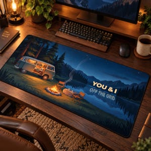 Cozy Camping Desk Mat Vanlife Night Mountain Lake Landscape Extended Mouse Pad Outdoor Adventure Setup Gift