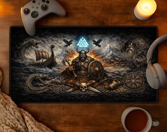 Alfombrilla de escritorio vikinga para juegos nórdicos XXL, con símbolo de guerrero serpiente, lobos y Odín, decoración mítica para juegos XXL, regalo único para San Valentín