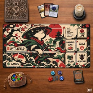 May include: A rectangular playmat featuring a cat samurai illustration, koi fish, and game zones labeled Battlefield, Lands, Life, Command Zone, Exile, Library, and Graveyard. Includes a wooden box, three trading cards, a candle, dice, and a pouch.