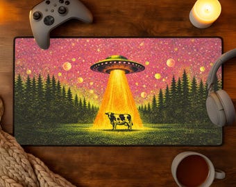 Alfombrilla de escritorio OVNI Abduction Cow, alfombrilla de ratón vintage, tapete de juego para MTG Alien Encounter Space Farm, tapete de juego Cosmic Bovine Galactic Mystery, alfombrilla de escritorio para juegos