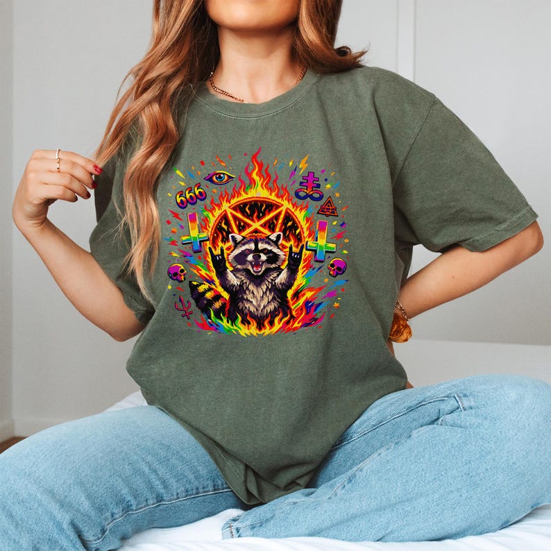 Satanic Raccoon Pentagram Design, Rainbow Occult Art, Edgy Goth Demon Raccoon, Dark Humor Mystical Grunge, Hell Fire 666, Heavy Metal Punk