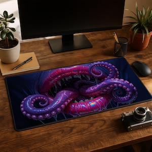May include: A rectangular desk mat featuring a vibrant, high-contrast graphic of a pair of glossy, iridescent pink lips slightly parted to reveal sharp teeth, surrounded by swirling, textured purple octopus tentacles on a dark blue background.