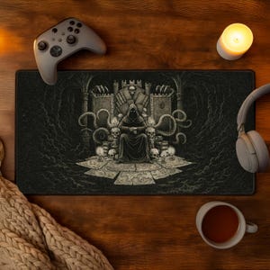 DnD Mousepad Dungeon Master Desk Mat DND Gaming Mousepad RPG Game Master Accessory Dark Fantasy Gothic Art Ominous Robed Figure Throne Skull