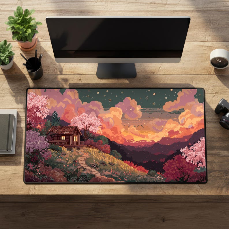 May include: A rectangular desk mat featuring a pixelated landscape with a cabin, trees, and a sunset. The color palette includes pink, orange, green, and purple hues. The mat is placed on a wooden desk, with a computer monitor, plants, and accessories.
