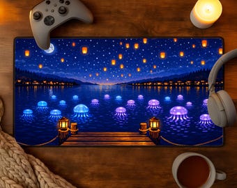 Stardew Valley Desk Mat Dance of The Moonlight Jellies Mousepad Pixel Art Night Scene Gaming Mat Aesthetic Gamer Gift Cozy Desk Accessory