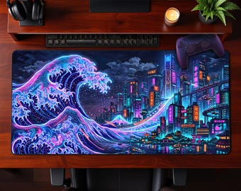 Alfombrilla de escritorio Neon Cyberpunk Wave City, alfombrilla de ratón futurista de Tokio, arte japonés Hokusai, espacio de trabajo para juegos, regalo, alfombrilla de ratón extendida