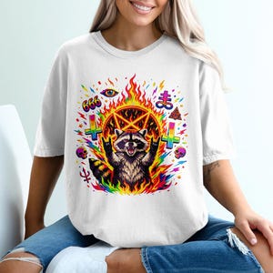 Rainbow Satanic Raccoon, Occult Pentagram Trash Panda, Colorful Demonic Art, 666 Inverted Cross, Vibrant Gothic Goth Grunge