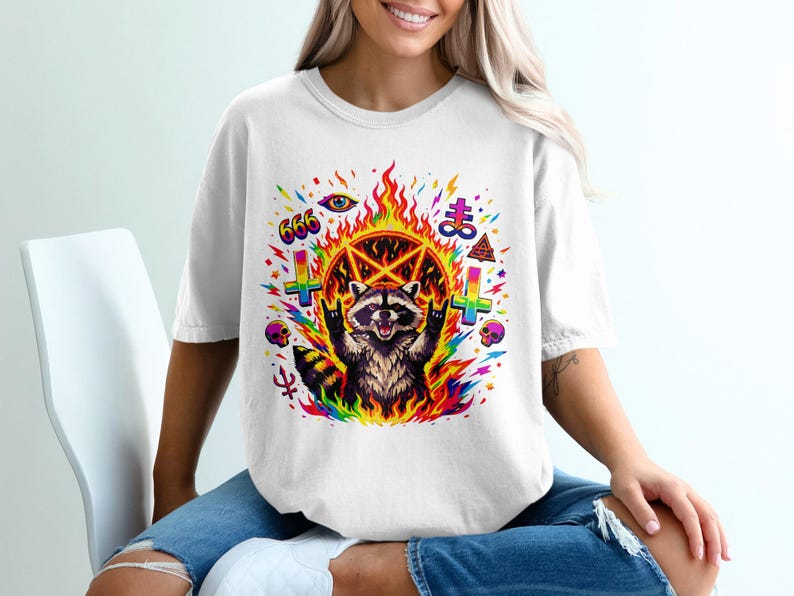 Rainbow Satanic Raccoon, Occult Pentagram Trash Panda, Colorful Demonic Art, 666 Inverted Cross, Vibrant Gothic Goth Grunge