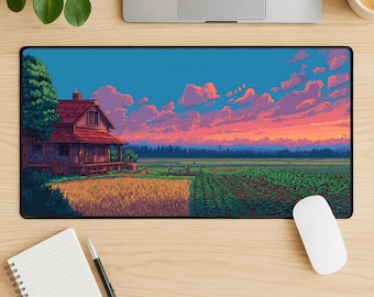 Pixel Gamer Schreibtischmatte Stardew Valley Gaming Mousepad XXL Sunset Farm Cabin Landschaft Gamer Zimmer Deko Videospiele Weihnachten Gamer Geschenk