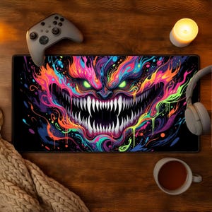 Puede incluir: Alfombrilla de ratón para juegos rectangular negra con un diseño de monstruo vibrante y colorido, con dientes afilados y ojos verdes. Se ve un mando de juego y unos auriculares grises.