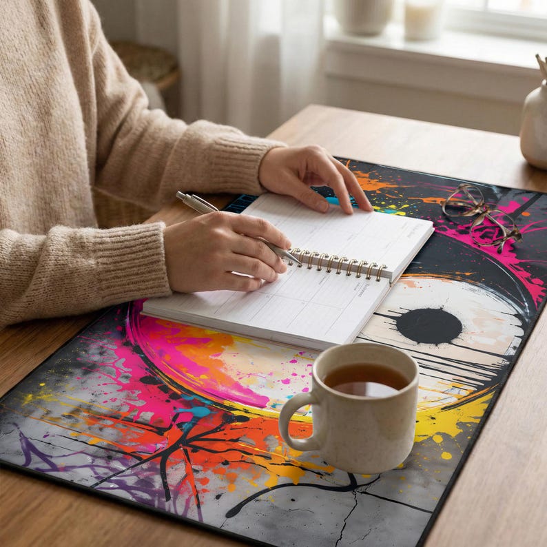Vibrant Graffiti Yin Yang Desk Mat Neon Paint Splatter Abstract Urban ...