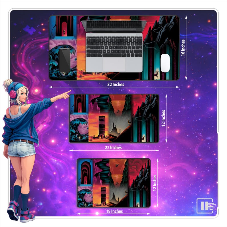 May include: Three rectangular gaming mouse mats with a fantasy landscape design. The largest mat is 81 cm long and 41 cm wide. The middle mat is 56 cm long and 30 cm wide. The smallest mat is 46 cm long and 30 cm wide.