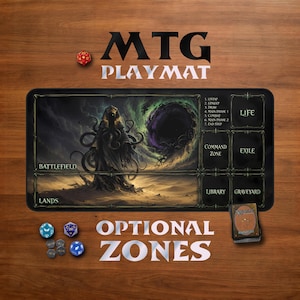 May include: A rectangular black playmat featuring a dark fantasy illustration of a hooded, tentacled figure and a swirling portal. The mat includes labeled zones for Battlefield, Lands, Life, Command Zone, Exile, Library, and Graveyard, plus turn steps.