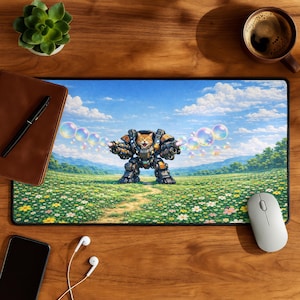 May include: A rectangular mousepad featuring a cartoon cat in a robotic suit, standing in a field of flowers with bubbles floating in the air. The background shows a blue sky with clouds and green hills.
