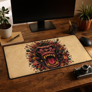 May include: A rectangular desk mat featuring a central graphic illustration of a roaring gorilla head with bared teeth and glowing red eyes, surrounded by a colourful, chaotic arrangement of skulls and abstract shapes on a textured beige background.