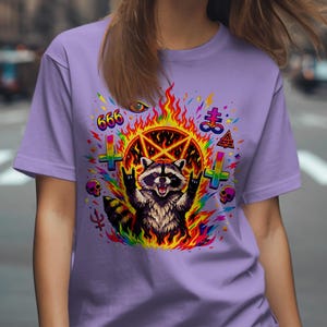 Metal Raccoon Rock On, Satanic Pentagram 666, Occult Flame Raccoon, Edgy Goth Punk Demon, Alternative Grunge Art, Colorful Rainbow