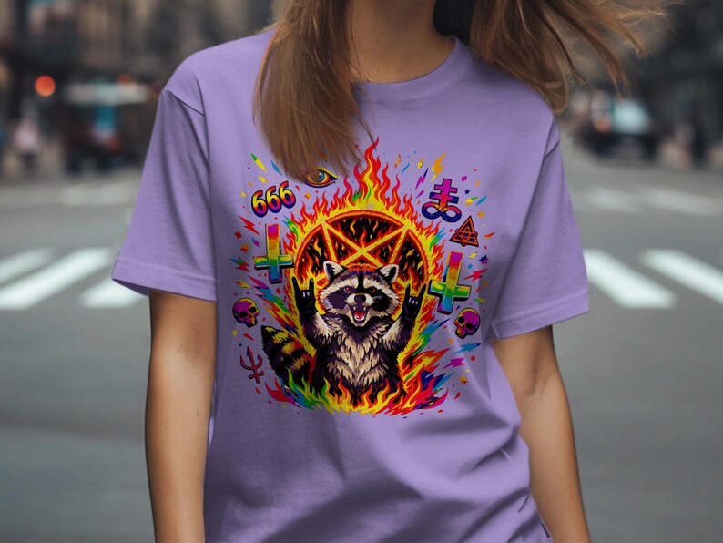 Metal Raccoon Rock On, Satanic Pentagram 666, Occult Flame Raccoon, Edgy Goth Punk Demon, Alternative Grunge Art, Colorful Rainbow