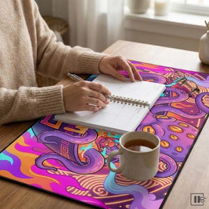 Pode incluir: Um tapete de secretária retangular com uma ilustração gráfica vibrante e colorida de um polvo roxo com olhos amarelos, chamas cor-de-laranja e cor-de-rosa rodopiantes e uma pequena personagem vermelha sobre um fundo de linhas onduladas.