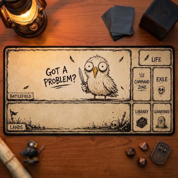 Funny MTG Playmat Owl with Knife Desk Mat TCG Gaming Mouse Pad Dark Humorous Magic The Gathering Board Game Gift for Gamer