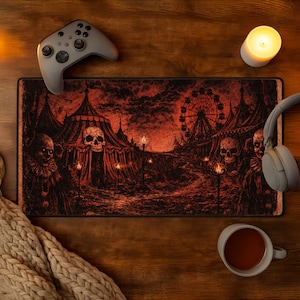 Haunted Carnival Desk Mat Evil Clown Circus Gaming Mousepad XXL Skull Tent Ferris Wheel Hellscape Horror Aesthetic Gamer Gift Room Decor Art