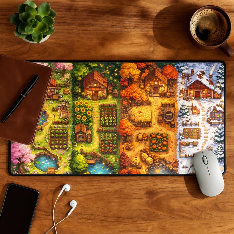 May include: A rectangular mousepad featuring a pixelated farm scene with houses, gardens, and seasonal changes. The design includes spring, summer, autumn, and winter landscapes. A white mouse rests on the right side.