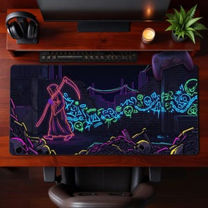 Grim Reaper Desk Mat Neon Graffiti Playmat Cyberpunk Mousepad Dark Aesthetic Gaming Extended Mouse Pad Workspace Setup Cool Gift for Gamers