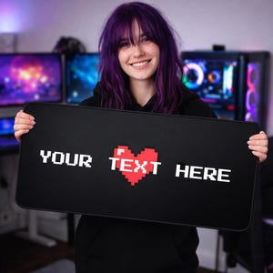 Personalized Gamer Mouse Pad 8-Bit Heart Custom Text Desk Mat Pixel Gamer Love Desk Pad