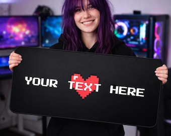 Alfombrilla de ratón personalizada para gamers, con diseño de corazón de 8 bits y texto personalizado. Alfombrilla de escritorio Pixel Gamer Love.